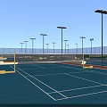 Outdoor Tennis Courts With Blue Surface White Lines Lighting Poles And Fencing 3d model