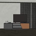 Modern TV Stand With Woven Design And Metal Panel On Wooden Floor With Decorative Wall