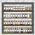 Organized Kitchen Shelves With Glass Spice Jars Containing Various Grains And Spices