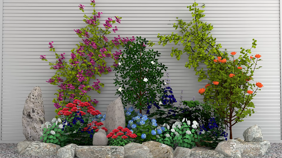 Colorful Garden Flowers And Green Plants With Stones Against Gray Wall 3d model 