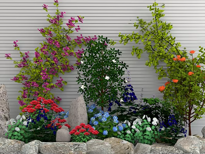 Colorful Garden Flowers And Green Plants With Stones Against Gray Wall 3d model