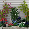 Colorful Garden Flowers And Green Plants With Stones Against Gray Wall
