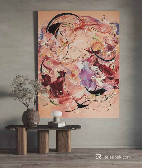 Abstract Art In Modern Interior With Vase Side Table And Books 3d model