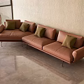 Modern Brown Leather Sectional Sofa with Green Cushions and Beige Wall Setting 3d model