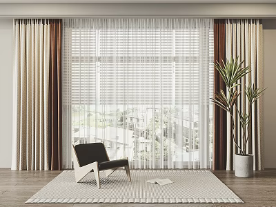 Beige and Brown Curtains with White Sheer in Bright Room with Chair Plant and Rug 3d model