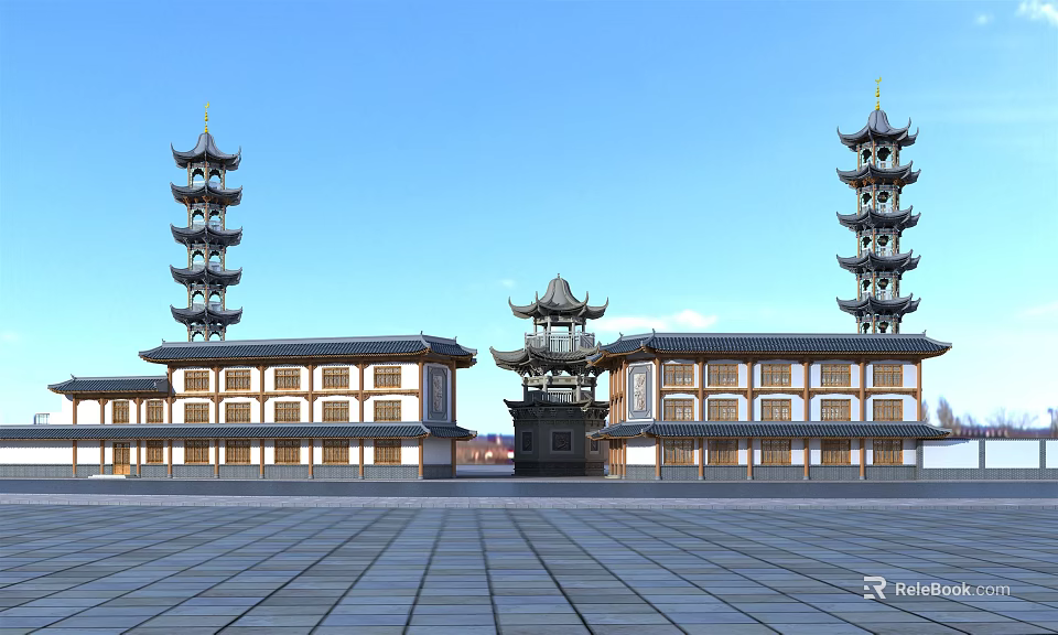Ancient Chinese Architectural Complex With Twin Pagodas Gateway And Traditional Courtyard 3d model 