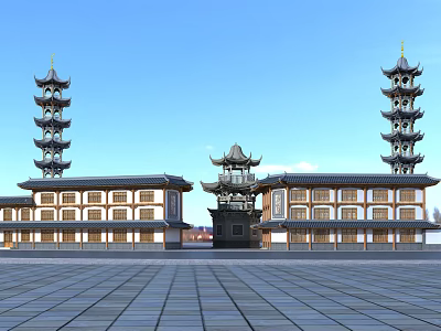 Ancient Chinese Architectural Complex With Twin Pagodas Gateway And Traditional Courtyard 3d model