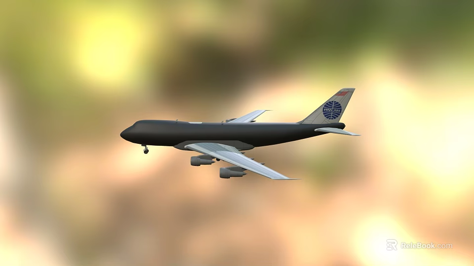 Dark Colored Airplane Flying With White Wings And Tail Logo In Sky 3d model 