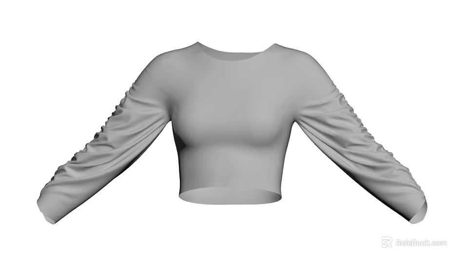 Women's Gray Fitted Cropped Long Sleeve Top With Ruffled Sleeves 3d model 