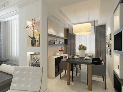 Modern Restaurant Interior With Open Kitchen Design Dining Table And Pendant Lights 3d model
