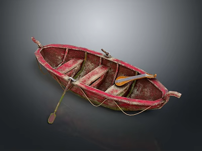 Vintage Red Wooden Boat With Oar Rope And Worn Seats On Gray Background 3d model