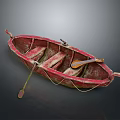 Vintage Red Wooden Boat With Oar Rope And Worn Seats On Gray Background