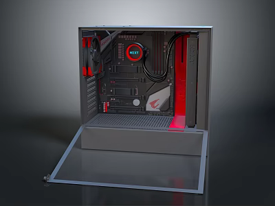 Modern Open Design PC Case With Red And Black Internal Components And Cooling Fan 3d model