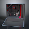 Modern Open Design PC Case With Red And Black Internal Components And Cooling Fan