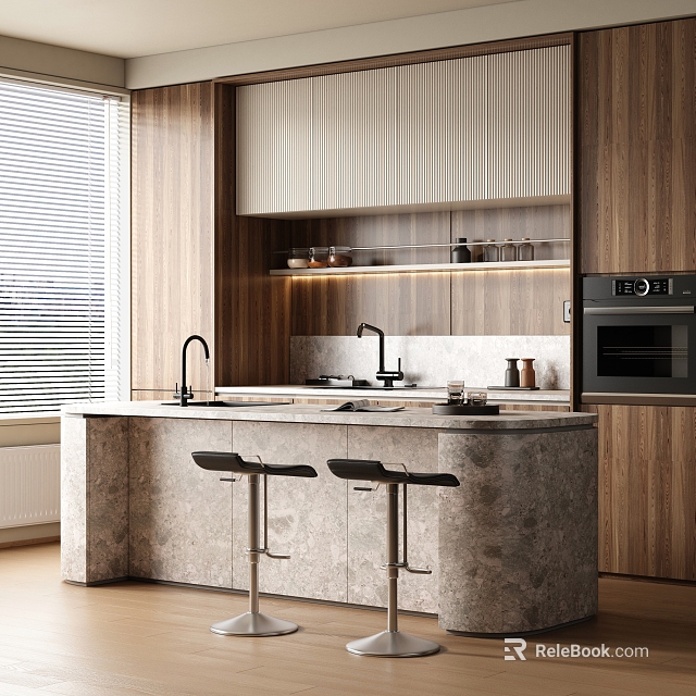 Modern Kitchen Interior With Marble Island Countertop Wooden Cabinets Oven And Stools 3d model 