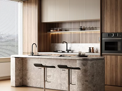 Modern Kitchen Interior With Marble Island Countertop Wooden Cabinets Oven And Stools 3d model