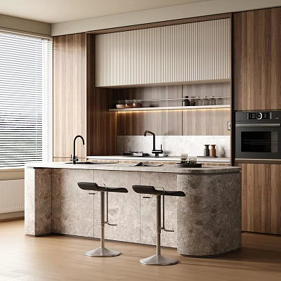 Modern Kitchen Interior With Marble Island Countertop Wooden Cabinets Oven And Stools 3d model