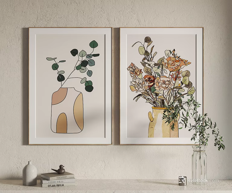 Two Framed Decorative Paintings With Geometric Vase Green Leaves And Colorful Flowers 3d model 