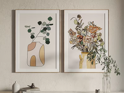 Two Framed Decorative Paintings With Geometric Vase Green Leaves And Colorful Flowers 3d model