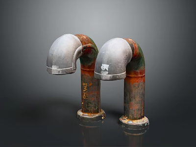 Rusted Metal Pipe Elbows With Gray Tops And Base Supports And Surface Markings 3d model