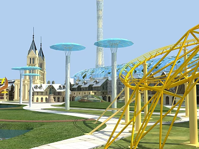 Amusement Park With Yellow Roller Coaster Track Blue Umbrella Shades Castle Buildings And Green Lawns 3d model