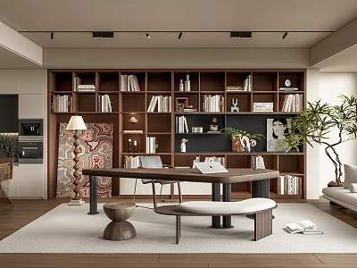 Cozy Modern Study Room Interior With Wooden Bookshelves Table And Potted Plant 3d model