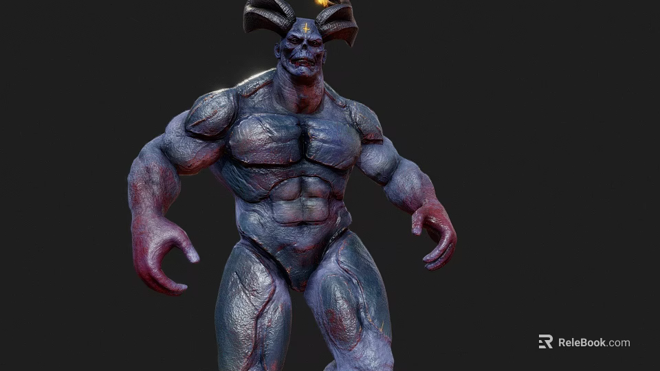 3D Mythical Demon Character With Muscular Build Horned Head And Dark Purple Skin 3d model 