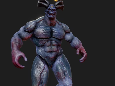3D Mythical Demon Character With Muscular Build Horned Head And Dark Purple Skin 3d model