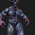 3D Mythical Demon Character With Muscular Build Horned Head And Dark Purple Skin