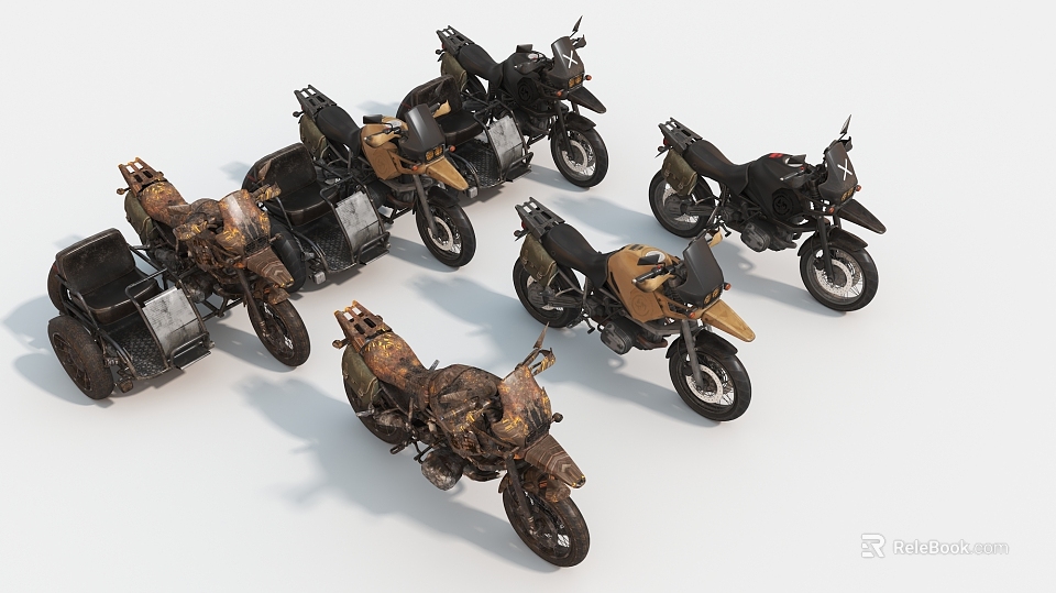 Various Motorcycles in Different Colors and Styles Arranged in a Collection 3d model 