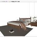 Modern Wooden Double Bed with Bedding Blanket Pillows Nightstand Lamp Rug and Books