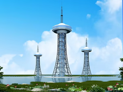 Modern Steel Structure Towers With Reflective Water And Green Grass Under Blue Sky 3d model