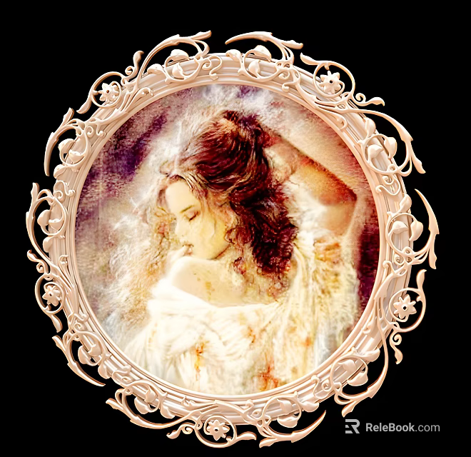 Ornate Circular Frame Featuring Portrait Of A Woman In White Dress With Curly Hair 3d model 