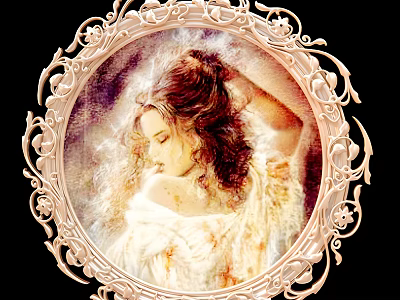 Ornate Circular Frame Featuring Portrait Of A Woman In White Dress With Curly Hair 3d model