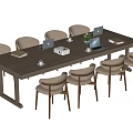 Modern Wooden Conference Table With Laptops Documents Coffee Machine Potted Plant And Chairs