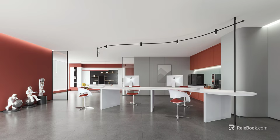 Modern Open Public Office Space Featuring White Long Tables Red Chairs Gray Walls And Cabinets 3d model 