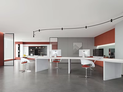 Modern Open Public Office Space Featuring White Long Tables Red Chairs Gray Walls And Cabinets 3d model