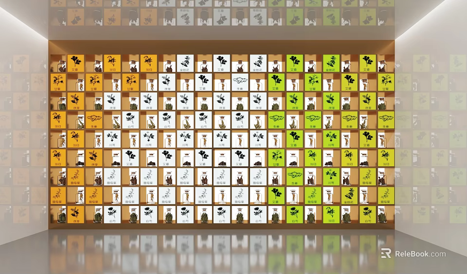 Colorful Square Panel Art Installation With Various Patterns And Reflective Floor In Modern Indoor Space 3d model