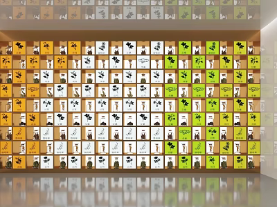 Colorful Square Panel Art Installation With Various Patterns And Reflective Floor In Modern Indoor Space 3d model