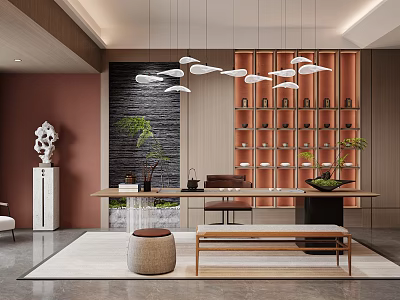 Modern Style Tea Room Interior With Long Table And Decorative Shelves 3d model