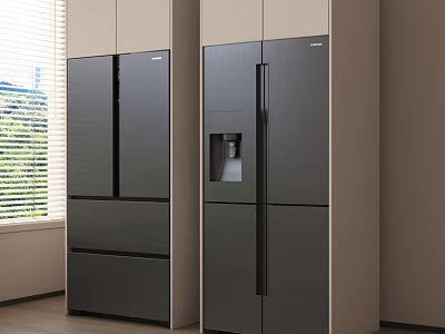 Modern Kitchen Interior With Dark Colored Refrigerator Cabinets And Window Blinds 3d model