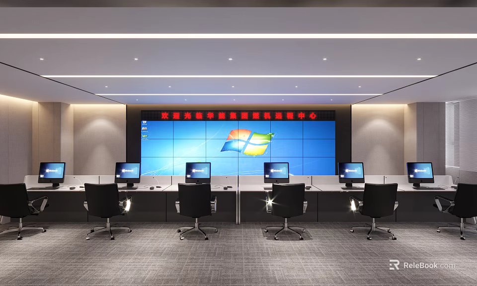 Modern Monitoring Room Interior With Multiple Computer Monitors Control Consoles And Black Chairs 3d model 