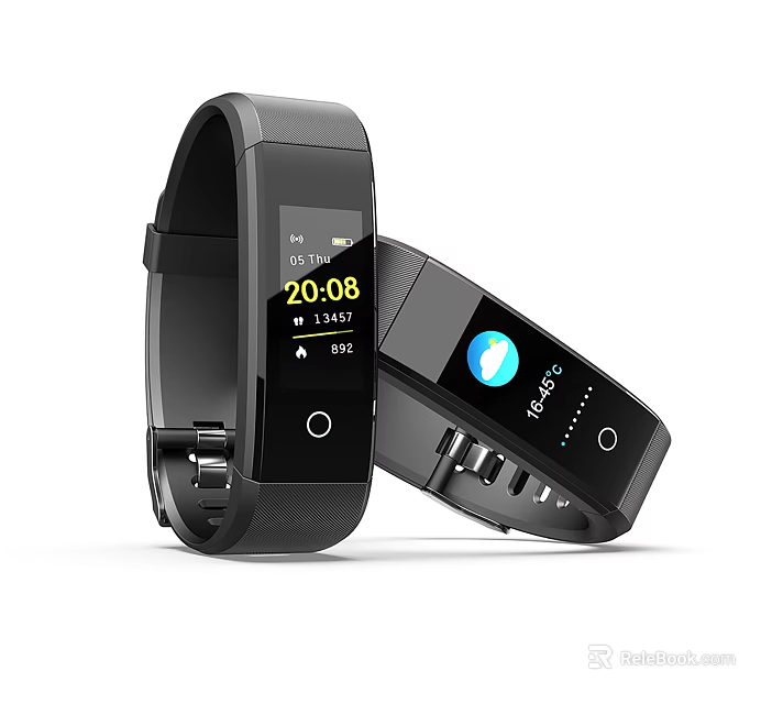 Black Smart Fitness Tracker Clocks Showing Time Date And Step Count 3d model