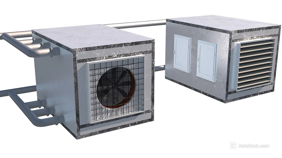Two Stainless Steel Industrial Equipment Units With Fan Grille Door Panels And Connected Pipes 3d model 