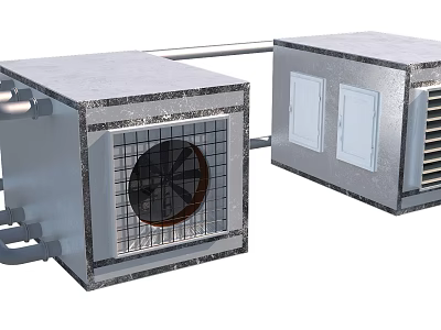 Two Stainless Steel Industrial Equipment Units With Fan Grille Door Panels And Connected Pipes 3d model