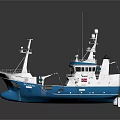 Blue And White Ship Model With Upper Deck Antennas And Navigation Equipment