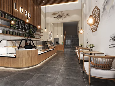 Modern Dessert Shop Interior Design With Wooden Counter Seating Area And Pendant Lights 3d model