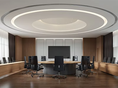 Modern Conference Room With Circular Ceiling Lights Large Screen TV Wooden Walls And Black Chairs 3d model