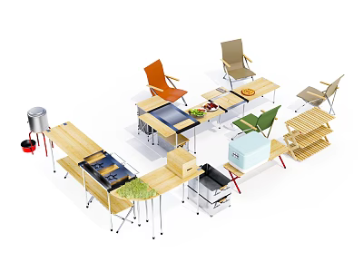 Modern Table and Chair Combination With Wooden Tables and Colorful Chairs 3d model
