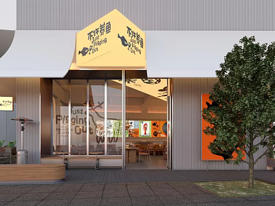 Modern Casual Fish Restaurant Storefront Design With Attractive Signage And Cozy Bright Dining Space 3d model